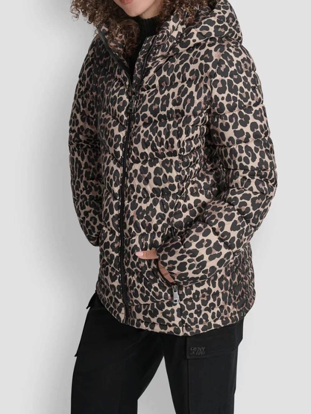 DKNY Women's Chevron-Quilted Full-Zip Leopard Puffer Jacket Size: M